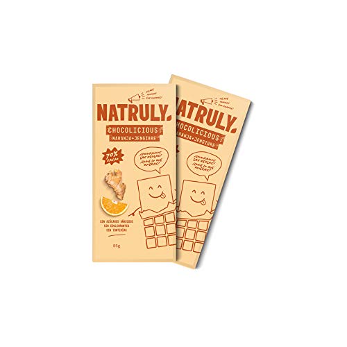 NATRULY Tableta de Chocolate sin Azúcar y sin Edulcorantes | Endulzado con Fibra de Achicoria | Sabor Naranja + Jengibre + 70% Cacao -Pack 2x85g