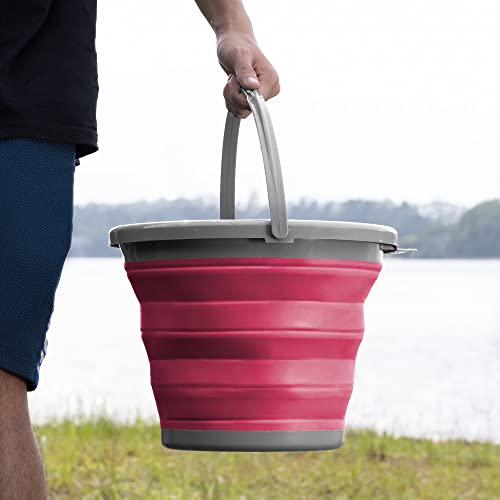 Navaris Cubo Plegable para Camping - Balde de Agua con asa de 5 L para Fregar Lavar Limpieza - Barreño Flexible para Viaje Playa Pesca - Rojo y Gris