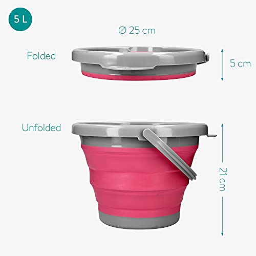 Navaris Cubo Plegable para Camping - Balde de Agua con asa de 5 L para Fregar Lavar Limpieza - Barreño Flexible para Viaje Playa Pesca - Rojo y Gris