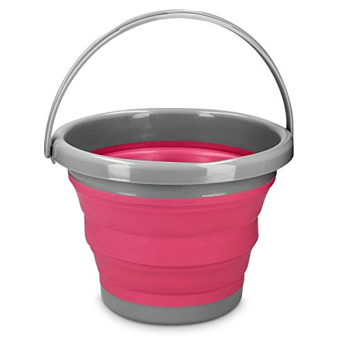 Navaris Cubo Plegable para Camping - Balde de Agua con asa de 5 L para Fregar Lavar Limpieza - Barreño Flexible para Viaje Playa Pesca - Rojo y Gris