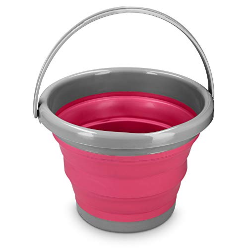 Navaris Cubo Plegable para Camping - Balde de Agua con asa de 5 L para Fregar Lavar Limpieza - Barreño Flexible para Viaje Playa Pesca - Rojo y Gris