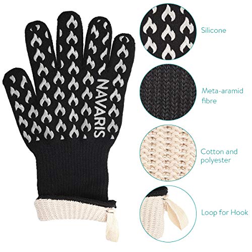 Navaris Guantes ignífugos para Chimenea - Manoplas de Silicona Resistentes al Calor 500 °C - Guante de Cocina para Asar al Horno Barbacoa y Parrilla