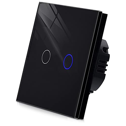 Navaris Interruptor de luz táctil para pared - Caja de cristal con pantalla táctil - Con 2 pulsadores indicador LED y material de montaje - Negro