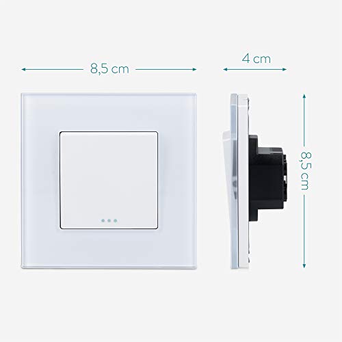 Navaris Interruptor de pared de cristal - Switch con pulsador para luz - Placa individual de vidrio de 8.5 x 8.5 x 4 CM empotrable en pared - Blanco