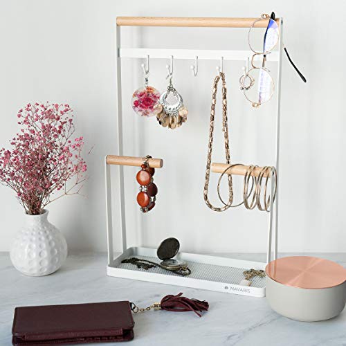 Navaris Organizador de joyas con barras y ganchos - Soporte para collares de metal con plato para guardar pendientes anillos pulseras - blanco