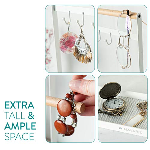 Navaris Organizador de joyas con barras y ganchos - Soporte para collares de metal con plato para guardar pendientes anillos pulseras - blanco