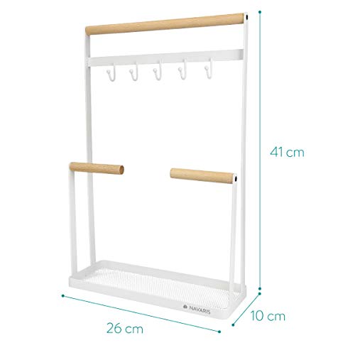 Navaris Organizador de joyas con barras y ganchos - Soporte para collares de metal con plato para guardar pendientes anillos pulseras - blanco
