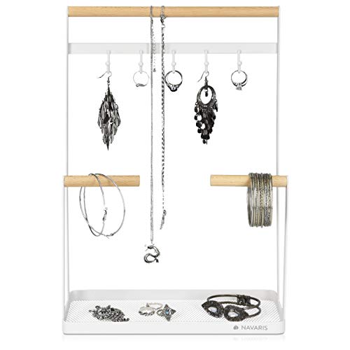 Navaris Organizador de joyas con barras y ganchos - Soporte para collares de metal con plato para guardar pendientes anillos pulseras - blanco