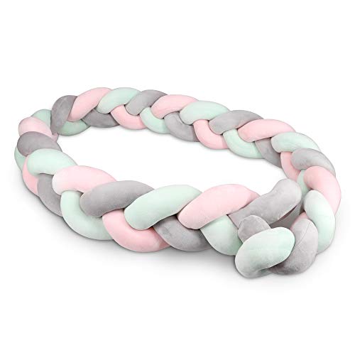 Navaris Protector para cuna de bebé - Trenza chichonera para bordes de cama - Cojín trenzado de 200 CM - Almohada con nudos - Rosa verde y gris