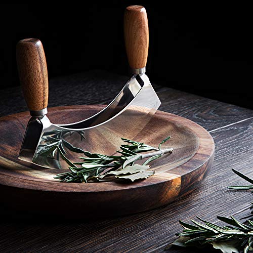 Navaris Tabla con cuchillo para picar - Juego de cocina 1x Tabla de madera y 1x Cuchillo media luna - Para cortar alimentos verduras hierbas - 24 CM