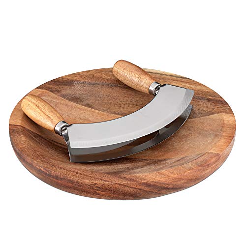 Navaris Tabla con cuchillo para picar - Juego de cocina 1x Tabla de madera y 1x Cuchillo media luna - Para cortar alimentos verduras hierbas - 24 CM