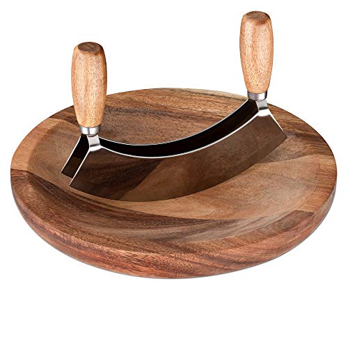 Navaris Tabla con cuchillo para picar - Juego de cocina 1x Tabla de madera y 1x Cuchillo media luna - Para cortar alimentos verduras hierbas - 24 CM
