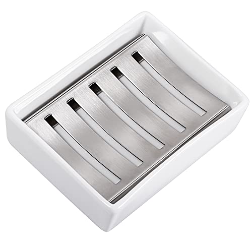 NBFBA Jabonera de Cerámica, con Filtro de Acero Inoxidable, para Baño y Ducha Incluye, Blanco