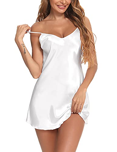 NC Camisón Mujer Sexy Satén Camisón Mujer Corto Camisón Verano Negro Ropa de Dormir para Mujer Camisones Tirantes Satín para Novia Talla Grande, Blanco, M