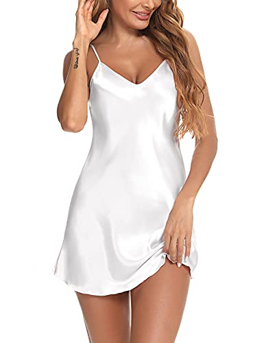 NC Camisón Mujer Sexy Satén Camisón Mujer Corto Camisón Verano Negro Ropa de Dormir para Mujer Camisones Tirantes Satín para Novia Talla Grande, Blanco, M
