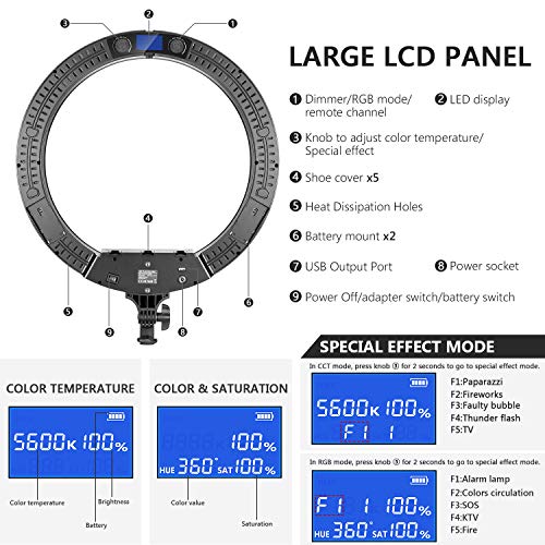 Neewer Anillo Luz LED RGB 19" con Soporte 60W Regulable Bicolor 3200K-5600K CRI 95+ con Efecto de Escenas Especiales para Selfie Maquillaje Salon Twitch Blogging Youtube Grabación de Vídeo etc.