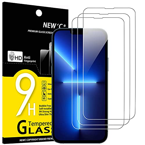 NEW'C 3 Unidades, Protector de Pantalla para iPhone 13 Pro Max (6,7"), Antiarañazos, Antihuellas, Sin Burbujas, Dureza 9H, 0.33 mm Ultra Transparente, Vidrio Templado Ultra Resistente