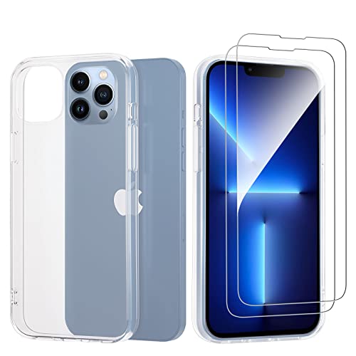 NEW'C Funda para iPhone 13 Pro MAX (6,7") Gel de TPU Suave de Silicona Transparente Alta y 2 x Protector de Pantalla para iPhone 13 Pro MAX (6,7") Vidrio Templado - Antiarañazos