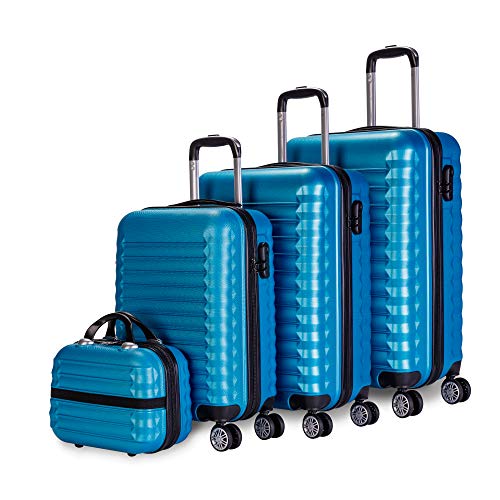NEWTECK - Juego Maletas y Neceser 4pzs, Grande 75x49x29,5cm, Mediana 63x39,5x26,8cm, Pequeña 53x33,5x22cm y Neceser, ABS, Rígidas, Resistentes, 4 Ruedas Dobles, Ligeras, Candado Combinación Lateral