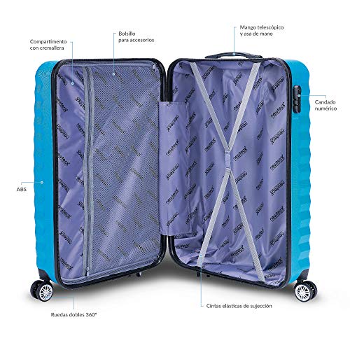 NEWTECK - Juego Maletas y Neceser 4pzs, Grande 75x49x29,5cm, Mediana 63x39,5x26,8cm, Pequeña 53x33,5x22cm y Neceser, ABS, Rígidas, Resistentes, 4 Ruedas Dobles, Ligeras, Candado Combinación Lateral