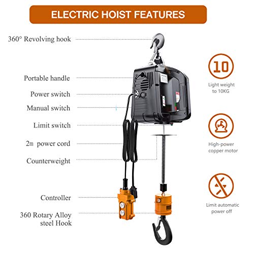 NEWTRY Polipasto Eléctrico 3 en 1 , Control Remoto Inalámbrico de 500 kg, 7.6m/25ft Control de Alambre Con Protección Contra Sobrecargas