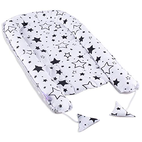 Nido para Bebe 90x50 cm - Reductor de Cuna Nido Bebe Recien Nacido algodón con Certificado Oeko-Tex Gris Blanco con Estrellas Negras