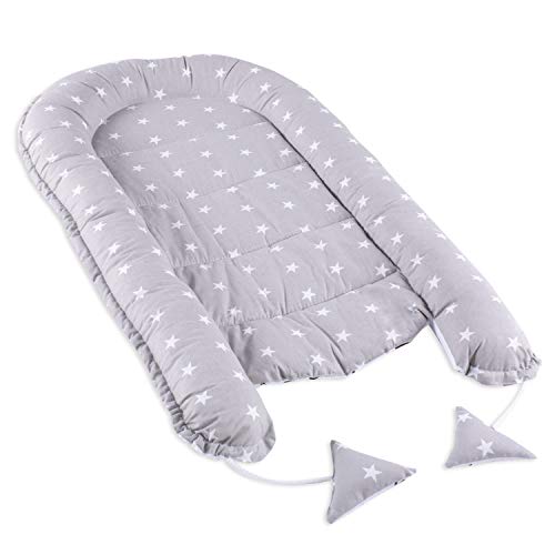 Nido para Bebe 90x50 cm - Reductor de Cuna Nido Bebe Recien Nacido algodón con Certificado Oeko-Tex Gris Blanco con Estrellas Negras