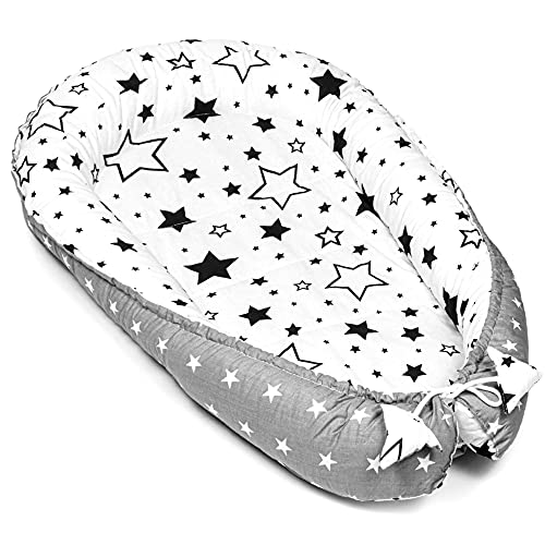 Nido para Bebe 90x50 cm - Reductor de Cuna Nido Bebe Recien Nacido algodón con Certificado Oeko-Tex Gris Blanco con Estrellas Negras