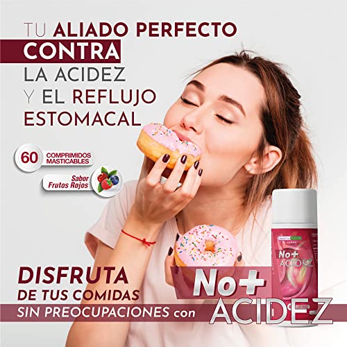 No + Acidez | Potente Tratamiento Antiácido y Antirreflujo | Alivio rápido y duradero | Protector de estómago | Mejora la salud del sistema digestivo | Sabor Frutos Rojos | 60 comprimidos masticables