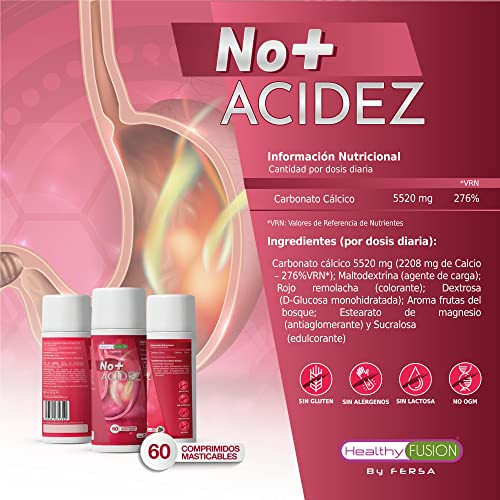 No + Acidez | Potente Tratamiento Antiácido y Antirreflujo | Alivio rápido y duradero | Protector de estómago | Mejora la salud del sistema digestivo | Sabor Frutos Rojos | 60 comprimidos masticables
