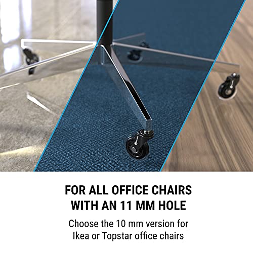 NOVAATO Ruedas para sillas de Oficina - Juego de 5 Unidades, Diámetro 75 mm, Carga por Rueda 50 kg, Girable 360°, Sin arañazos, Funcionamiento silencioso, Polipropileno, 11x22 mm, Negro