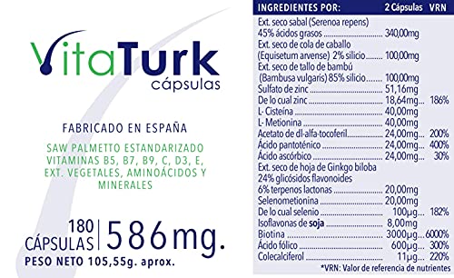 NUEVO Vitaturk - 180 cap. Vitaminas Saw palmetto | Hombre y Mujer | Inhibidor de DHT causante alopecia androgenetica | Contiene Biotina, Zinc, Ginkgo biloba entre otros | FABRICADO EN ESPAÑA |
