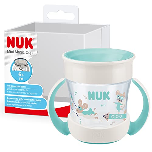 NUK Mini Magic Cup taza para sorber | Borde a prueba de derrames de 360° | +6 meses | Asas para facilitar la sujeción | Sin BPA | 160 ml | Ratón (turquesa)