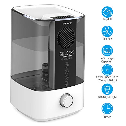 NULAXY Ventilador Superior Humidificador 4,5L con RGB, Humidificador con Alarma Limpieza Humidificador Ultrasónico con Apagado Automático para Dormitorio, Hogar y Oficina de Hasta 20-70 m²