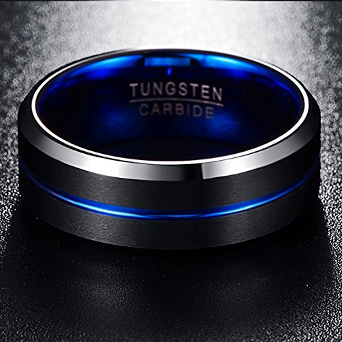 Nuncad Anillo Hombre Mujere Unisexo Tungsteno Exterior Negro + Azul 8 mm Anillo Simple para Boda Compromiso Talla (10)