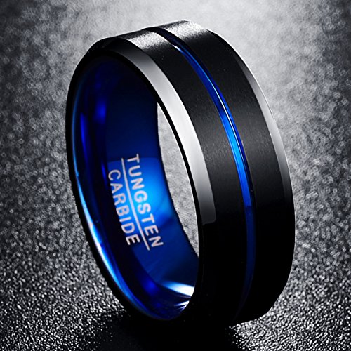 Nuncad Anillo Hombre Mujere Unisexo Tungsteno Exterior Negro + Azul 8 mm Anillo Simple para Boda Compromiso Talla (10)