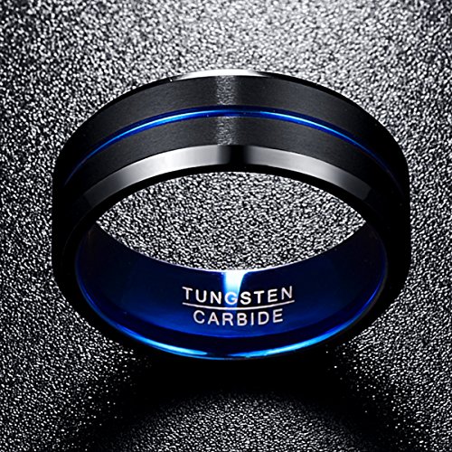 Nuncad Anillo Hombre Mujere Unisexo Tungsteno Exterior Negro + Azul 8 mm Anillo Simple para Boda Compromiso Talla (10)