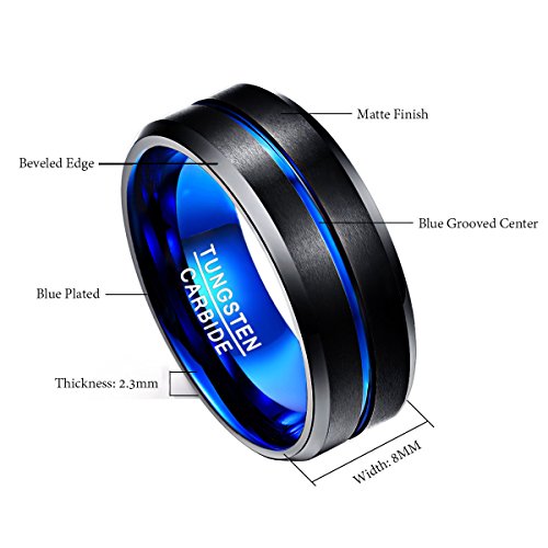 Nuncad Anillo Hombre Mujere Unisexo Tungsteno Exterior Negro + Azul 8 mm Anillo Simple para Boda Compromiso Talla (10)