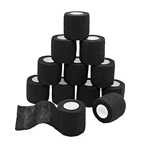 Nutoko 12 Rolls Vendaje Autoadhesivo Vendaje Deportivo Venda Cohesiva para Mascotas Vendas Elástico Adhesiva Impermeables Cinta Autoadhesiva para Manos, Pie, Rodillas Esguinces 5cm (Negro)