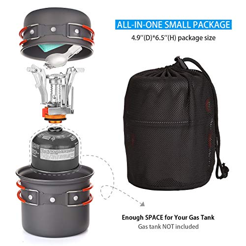 Odoland Kit de Utensilios de Cocina para Acampar con Ollas Camping y Sartén en Aluminio Anodizado No Tóxico, Estufa Trekking y Cuchara Plegable - Set Cocina Camping para Excursión, Senderismo