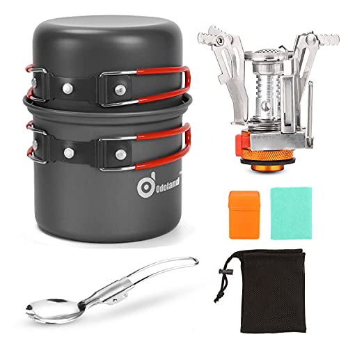 Odoland Kit de Utensilios de Cocina para Acampar con Ollas Camping y Sartén en Aluminio Anodizado No Tóxico, Estufa Trekking y Cuchara Plegable - Set Cocina Camping para Excursión, Senderismo