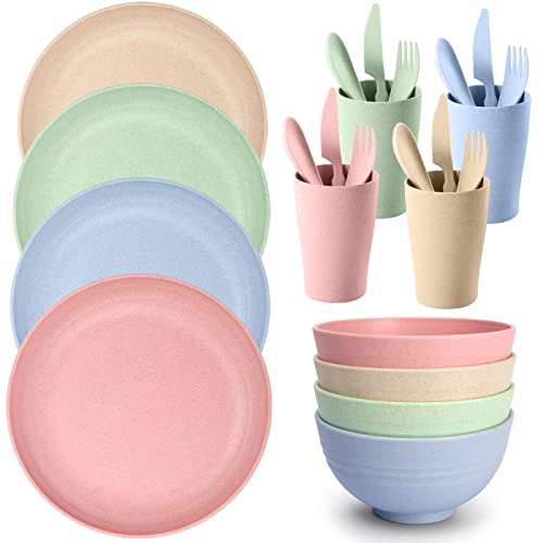 Odoland Kit Vajilla Camping, Platos y Cubiertos Kit de Camping 24 Piezas con Bolsa Portátil, Platos Cuencos Tazas Tenedores Cucharas para Camping Picnic Senderismo Trekking, Platos Kit para 4 Personas