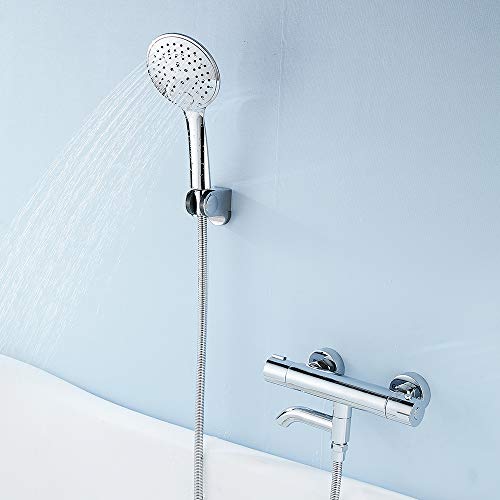 ODOMY Termostato de ducha para ducha y bañera con termostato, alcachofa de mano y soporte, grifo mezclador cromado con botón de seguridad de 38 °C y caño giratorio de latón y acero inoxidable, 1,27 cm