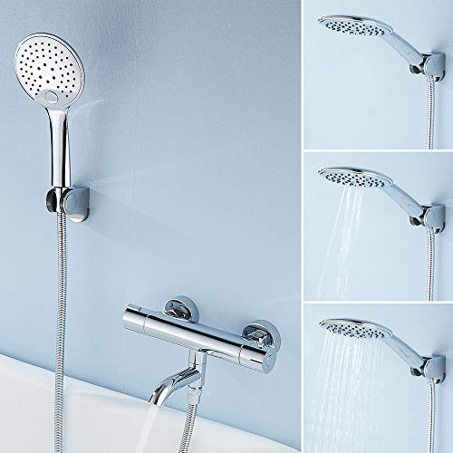 ODOMY Termostato de ducha para ducha y bañera con termostato, alcachofa de mano y soporte, grifo mezclador cromado con botón de seguridad de 38 °C y caño giratorio de latón y acero inoxidable, 1,27 cm