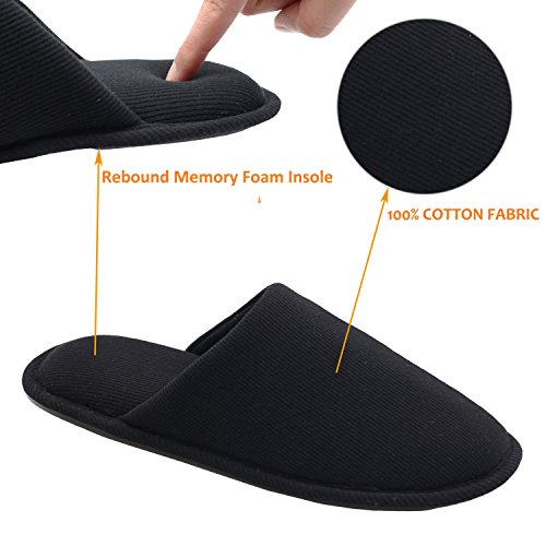 ofoot Zapatillas Estar por Casa Hombre Verano Algodón Orgánico Acogedoras, Pantuflas Planos Espuma Viscoelástica Lavables，Suela de Goma Antideslizante（Negro,39/40 EU)