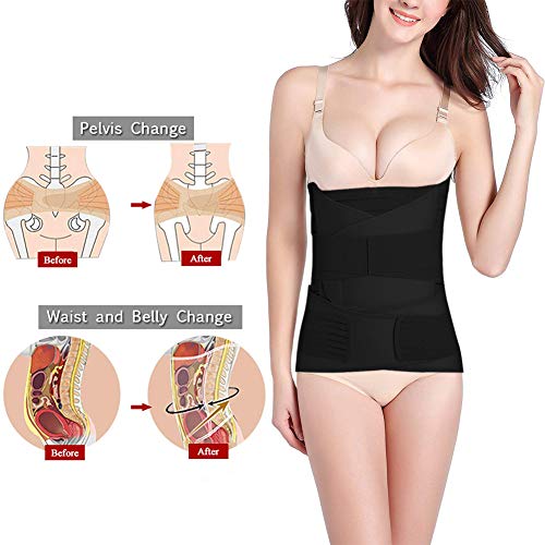 OKPOW 3 en 1 Faja Postparto, Recuperacion Postparto Banda de La Envoltura de Recuperación, Cinturón cómoda de Pelvis para Mujer,Negro