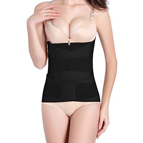 OKPOW 3 en 1 Faja Postparto, Recuperacion Postparto Banda de La Envoltura de Recuperación, Cinturón cómoda de Pelvis para Mujer,Negro