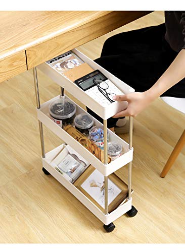 Olliwon Carritos Auxiliares para Cocina y Baño, 3 Alturas con Ruedas, Ideal como Almacenaje Adicional para Cocina, Vestíbulo, Dormitorio o Oficina - Blanco