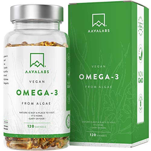 Omega 3 Vegano AAVALABS [ 1100 mg ] - de Aceite de Algas de Origen Vegetal Sostenible 600 mg DHA + 300 mg EPA por Dosis Diaria - Pureza Nórdica - 100% Vegano - 120 Cápsulas Blandas