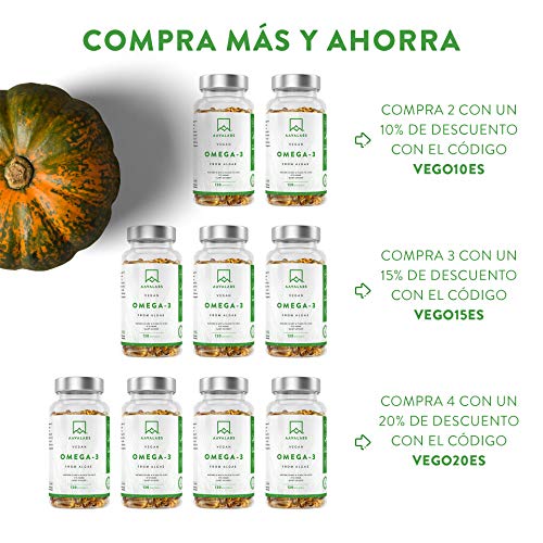 Omega 3 Vegano AAVALABS [ 1100 mg ] - de Aceite de Algas de Origen Vegetal Sostenible 600 mg DHA + 300 mg EPA por Dosis Diaria - Pureza Nórdica - 100% Vegano - 120 Cápsulas Blandas